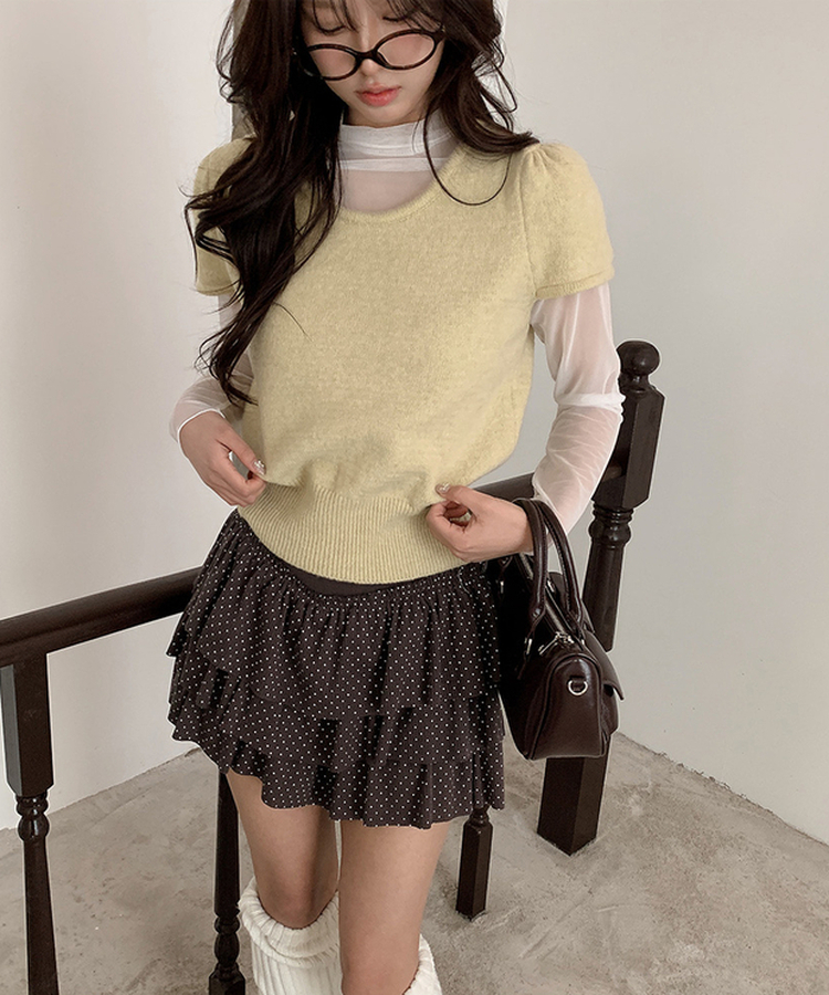 シャーリングラウンドパフ半袖ニット OLIVE