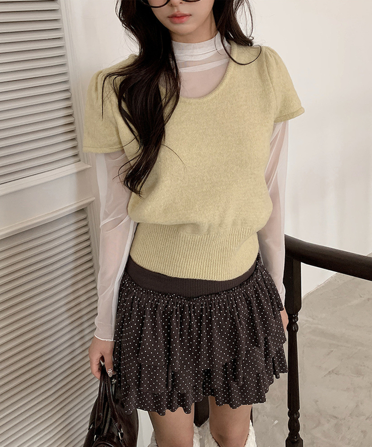 シャーリングラウンドパフ半袖ニット OLIVE