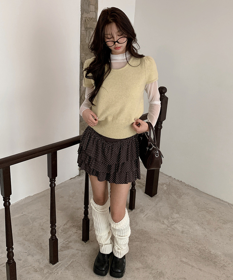 シャーリングラウンドパフ半袖ニット OLIVE