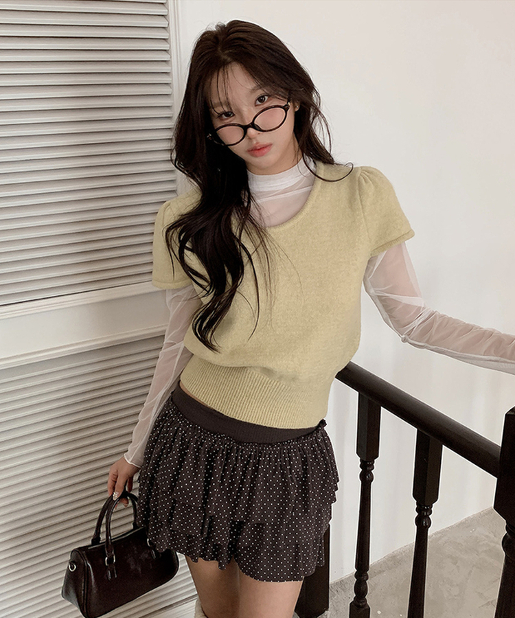 シャーリングラウンドパフ半袖ニット OLIVE