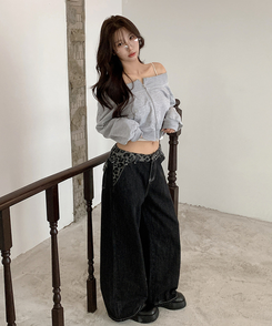 レオパードステッチワイドデニムパンツ BLACK