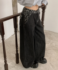 レオパードステッチワイドデニムパンツ BLACK