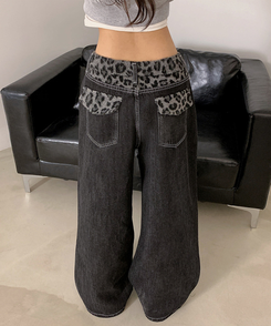 レオパードステッチワイドデニムパンツ BLACK