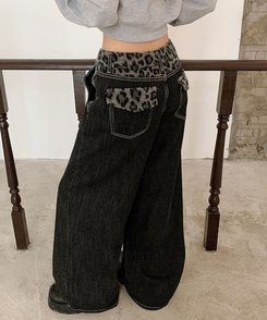 レオパードステッチワイドデニムパンツ BLACK