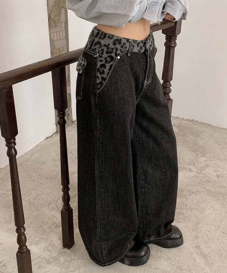 レオパードステッチワイドデニムパンツ BLACK