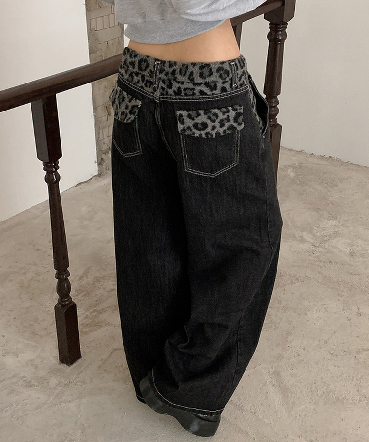 レオパードステッチワイドデニムパンツ BLACK
