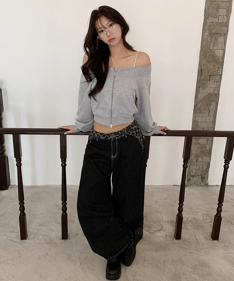 レオパードステッチワイドデニムパンツ BLACK