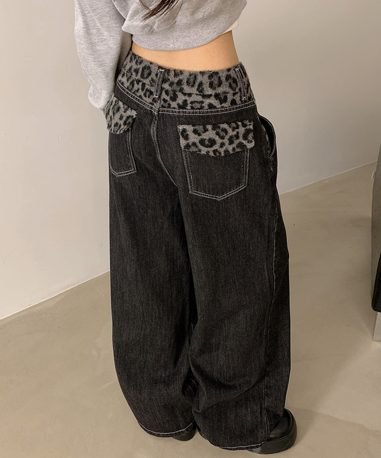 レオパードステッチワイドデニムパンツ BLACK
