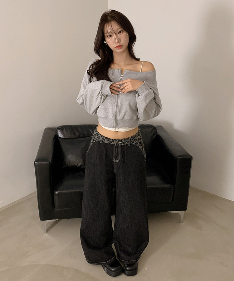 レオパードステッチワイドデニムパンツ BLACK