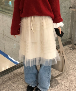リンヌウエストバンディングシフォンティアードフリルレースミディスカート2colorレイヤードスカート IVORY