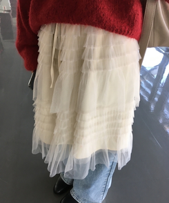 リンヌウエストバンディングシフォンティアードフリルレースミディスカート2colorレイヤードスカート IVORY