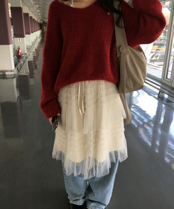 リンヌウエストバンディングシフォンティアードフリルレースミディスカート2colorレイヤードスカート IVORY