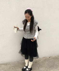 リンヌウエストバンディングシフォンティアードフリルレースミディスカート2colorレイヤードスカート BLACK