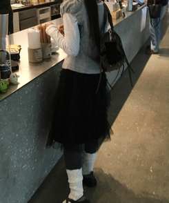 リンヌウエストバンディングシフォンティアードフリルレースミディスカート2colorレイヤードスカート BLACK