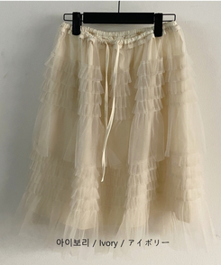 リンヌウエストバンディングシフォンティアードフリルレースミディスカート2colorレイヤードスカート