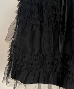 リンヌウエストバンディングシフォンティアードフリルレースミディスカート2colorレイヤードスカート