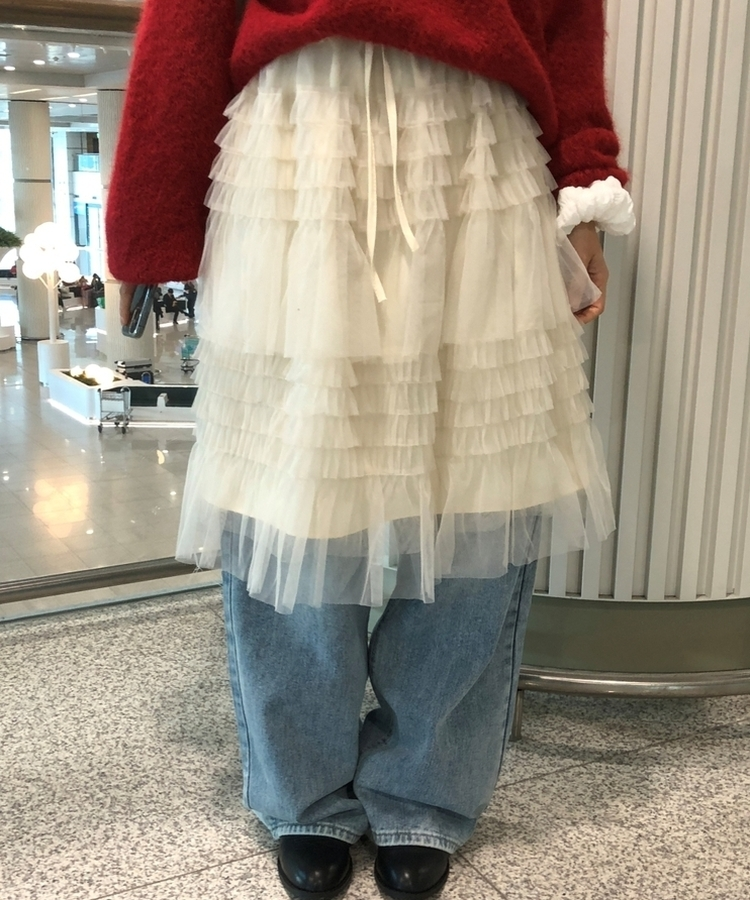 リンヌウエストバンディングシフォンティアードフリルレースミディスカート2colorレイヤードスカート IVORY