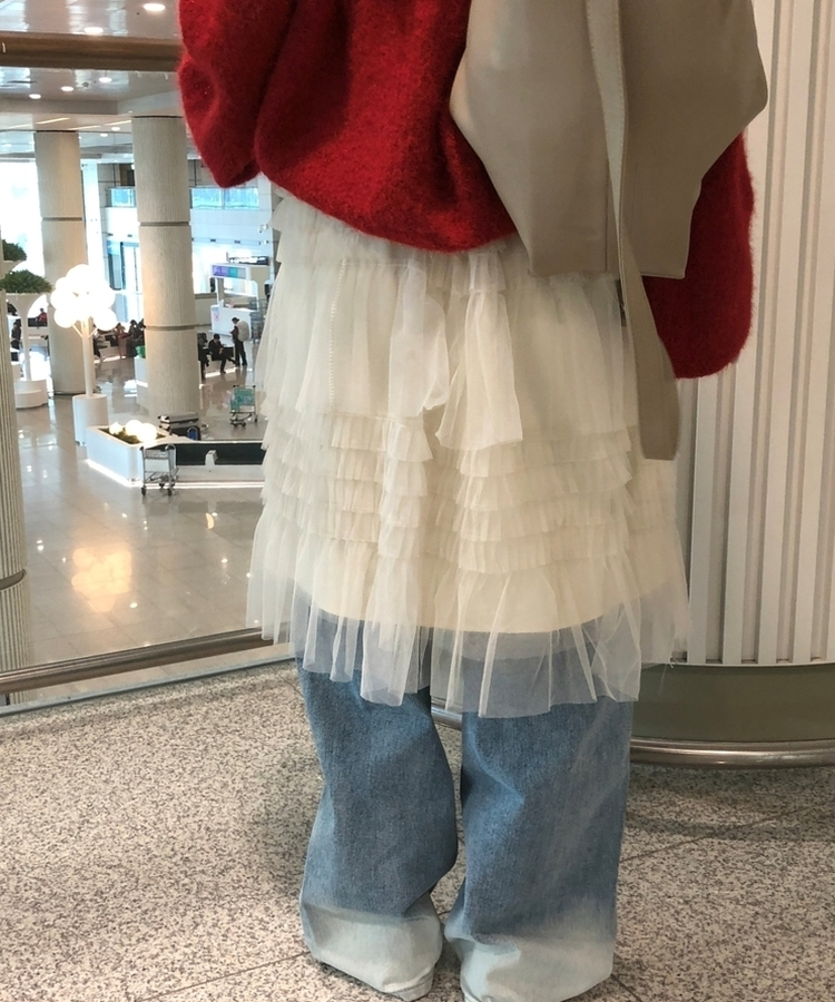 リンヌウエストバンディングシフォンティアードフリルレースミディスカート2colorレイヤードスカート IVORY