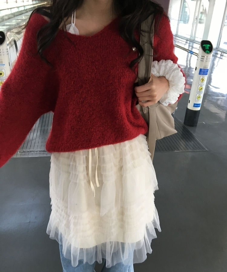 リンヌウエストバンディングシフォンティアードフリルレースミディスカート2colorレイヤードスカート IVORY