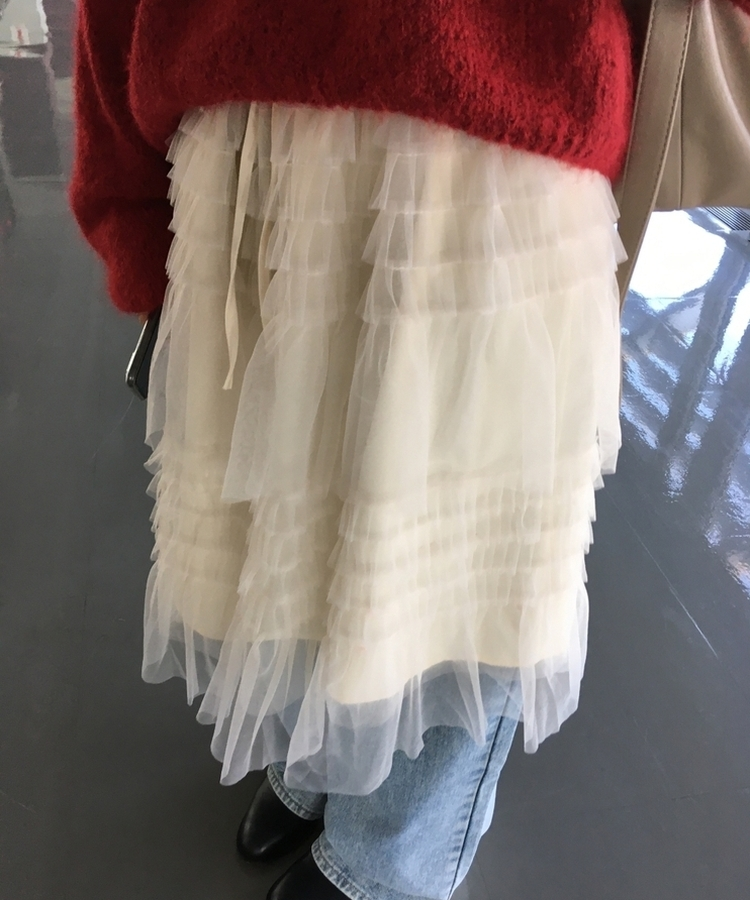 リンヌウエストバンディングシフォンティアードフリルレースミディスカート2colorレイヤードスカート IVORY