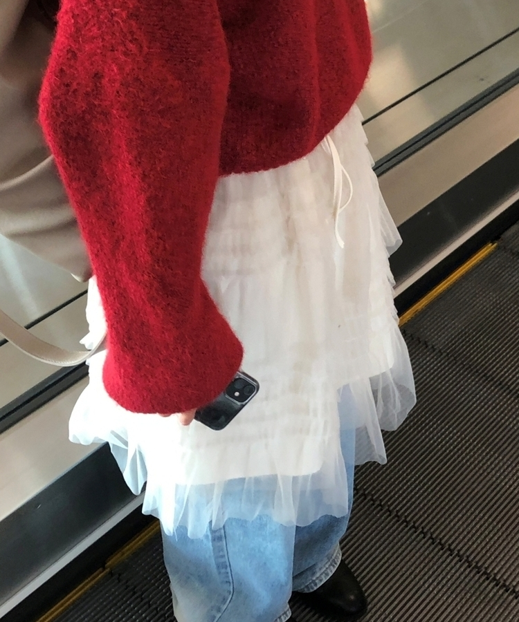 リンヌウエストバンディングシフォンティアードフリルレースミディスカート2colorレイヤードスカート IVORY