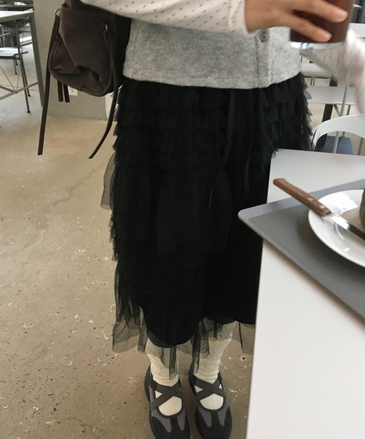 リンヌウエストバンディングシフォンティアードフリルレースミディスカート2colorレイヤードスカート BLACK