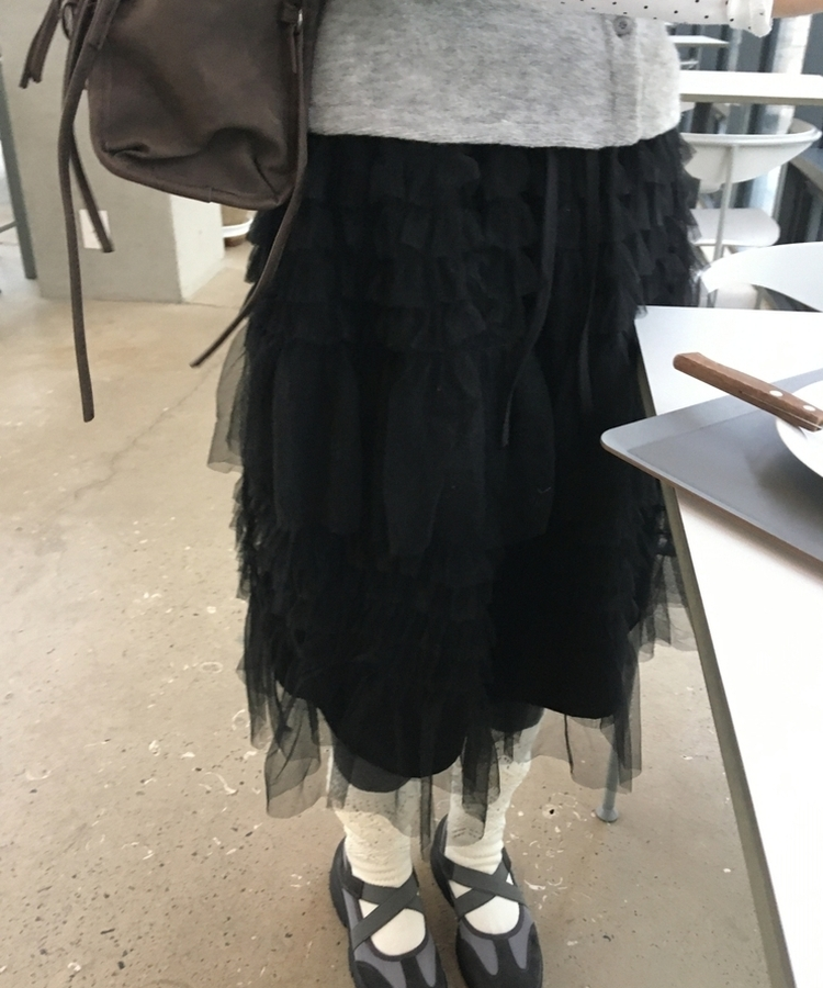 リンヌウエストバンディングシフォンティアードフリルレースミディスカート2colorレイヤードスカート BLACK