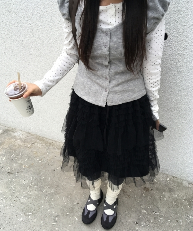 リンヌウエストバンディングシフォンティアードフリルレースミディスカート2colorレイヤードスカート BLACK