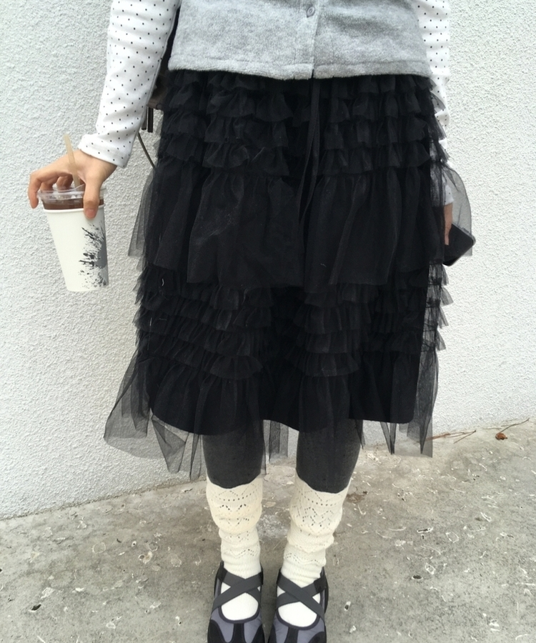 リンヌウエストバンディングシフォンティアードフリルレースミディスカート2colorレイヤードスカート BLACK