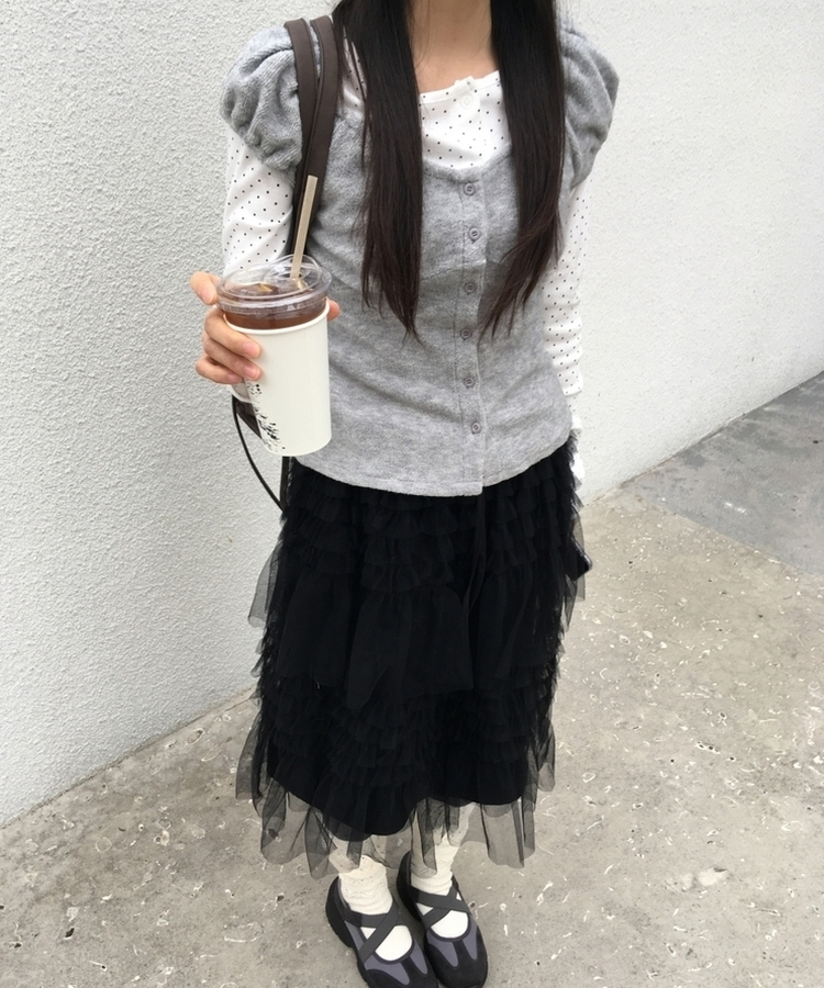 リンヌウエストバンディングシフォンティアードフリルレースミディスカート2colorレイヤードスカート BLACK