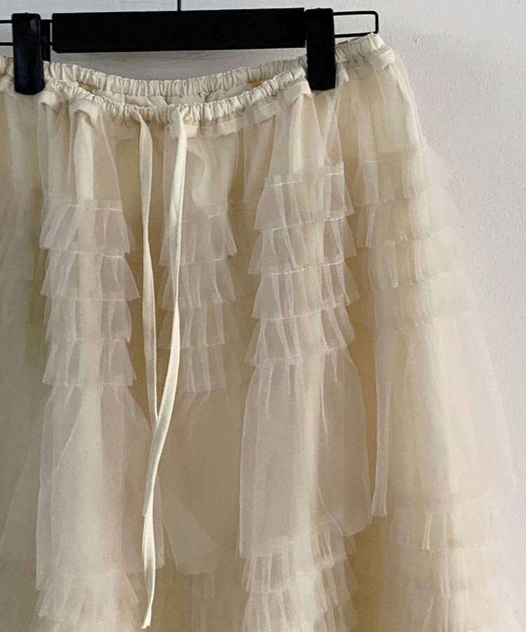 リンヌウエストバンディングシフォンティアードフリルレースミディスカート2colorレイヤードスカート