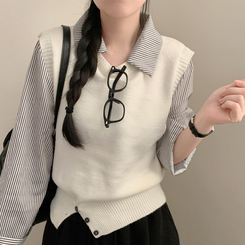 로로 스트라이프 카라넥 셔츠 레이어드 니트 조끼 단가라 줄무늬 하객룩 아이보리