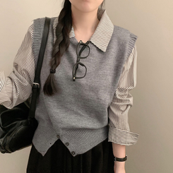 로로 스트라이프 카라넥 셔츠 레이어드 니트 조끼 단가라 줄무늬 하객룩 그레이