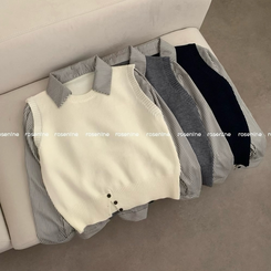 로로 스트라이프 카라넥 셔츠 레이어드 니트 조끼 단가라 줄무늬 하객룩