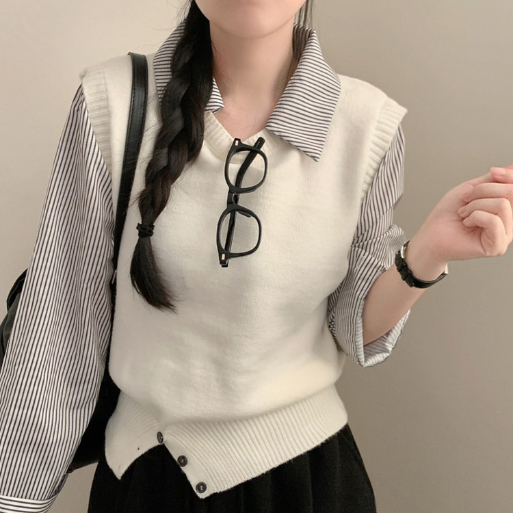 로로 스트라이프 카라넥 셔츠 레이어드 니트 조끼 단가라 줄무늬 하객룩 아이보리