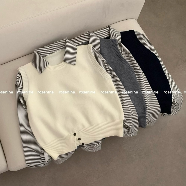 로로 스트라이프 카라넥 셔츠 레이어드 니트 조끼 단가라 줄무늬 하객룩