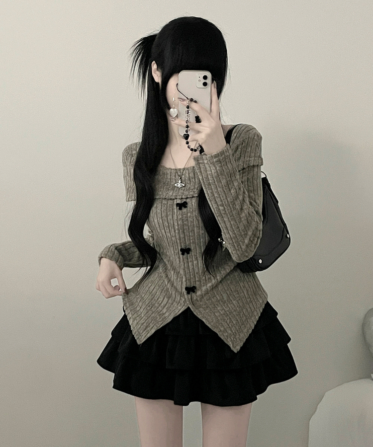 슬로리본골지오프숄더니트긴팔티셔츠