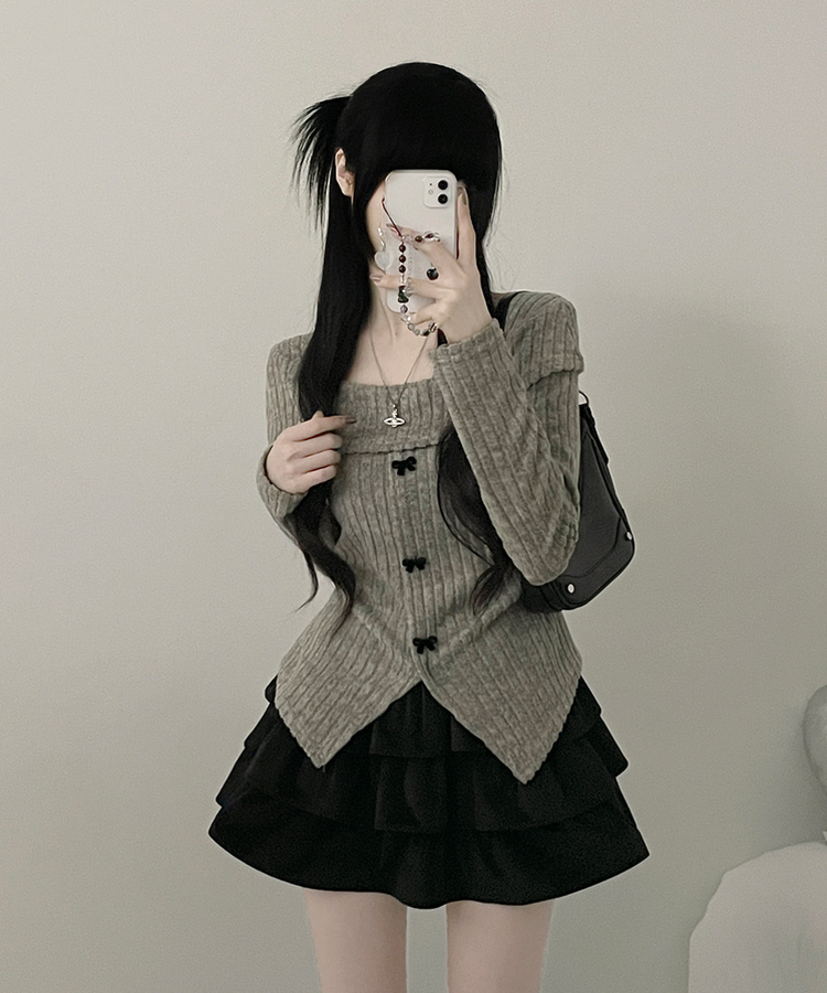 슬로리본골지오프숄더니트긴팔티셔츠