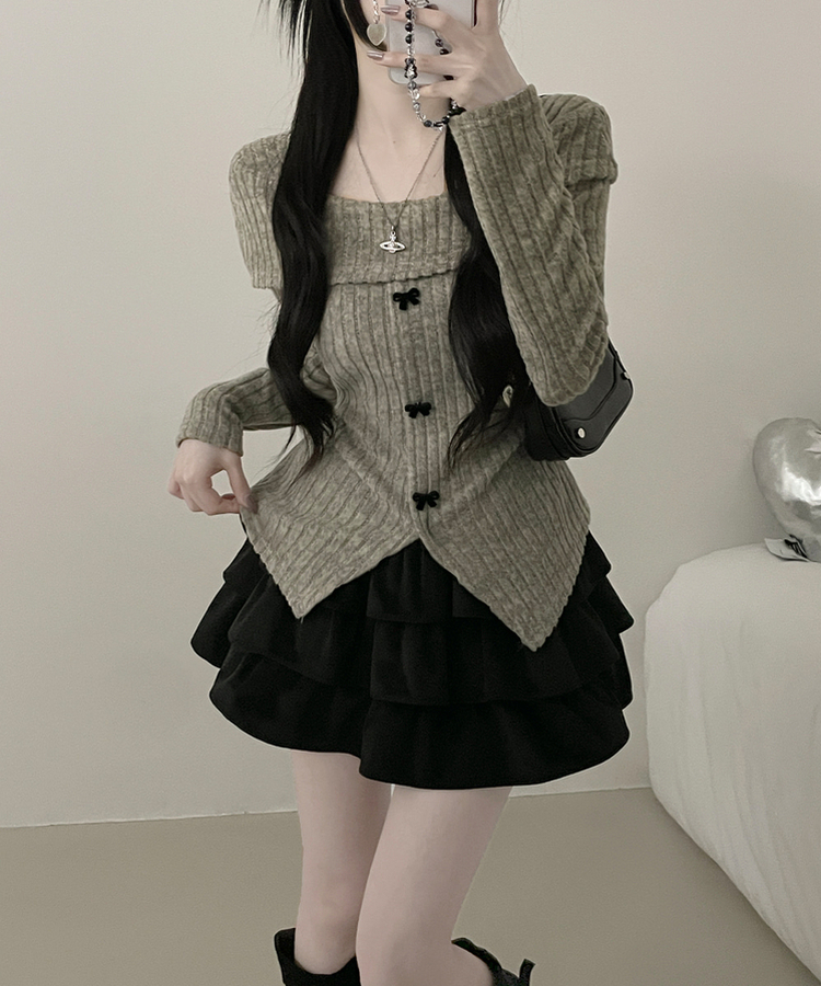 슬로리본골지오프숄더니트긴팔티셔츠