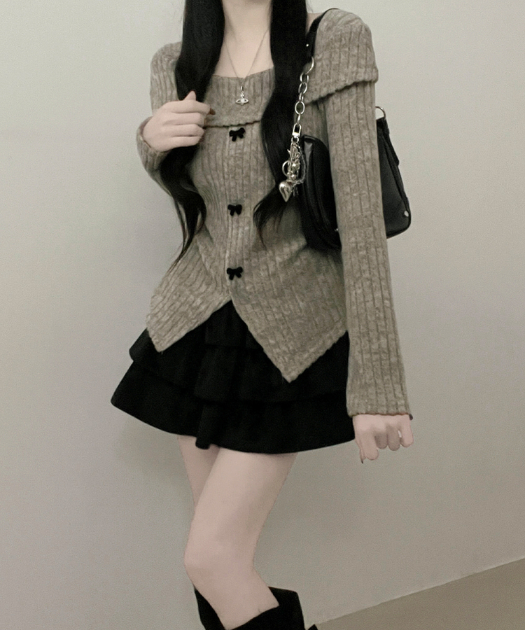 슬로리본골지오프숄더니트긴팔티셔츠