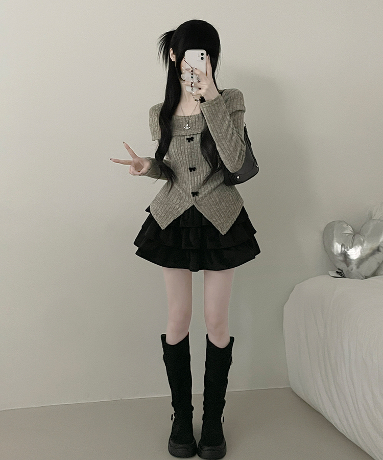 슬로리본골지오프숄더니트긴팔티셔츠