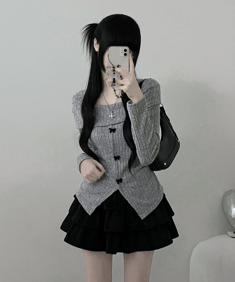 슬로리본골지오프숄더니트긴팔티셔츠