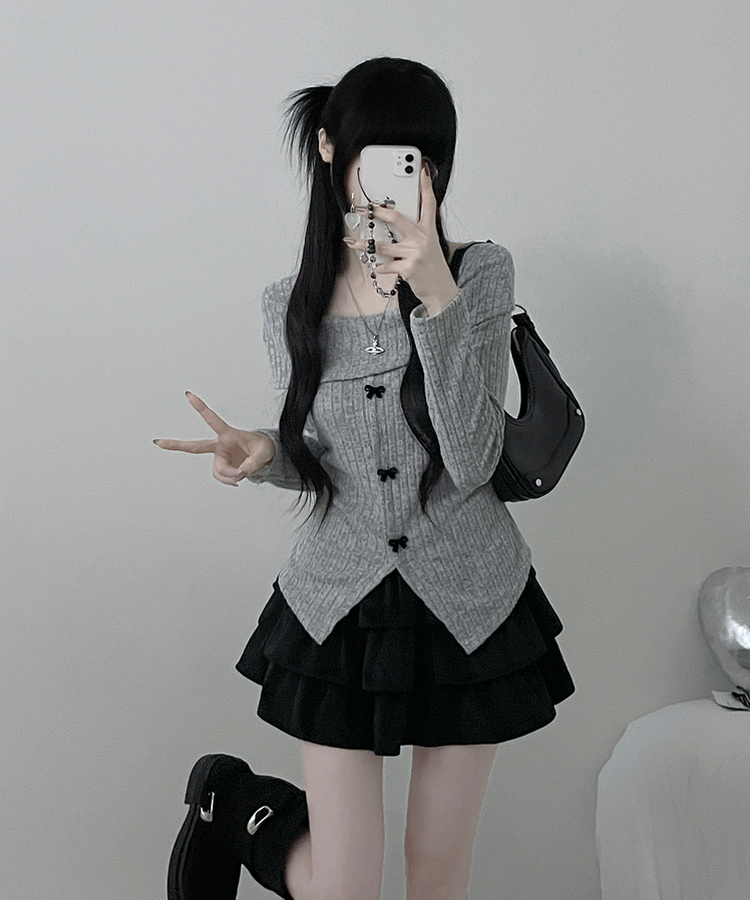 슬로리본골지오프숄더니트긴팔티셔츠