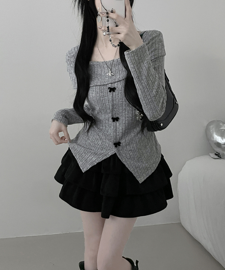 슬로리본골지오프숄더니트긴팔티셔츠