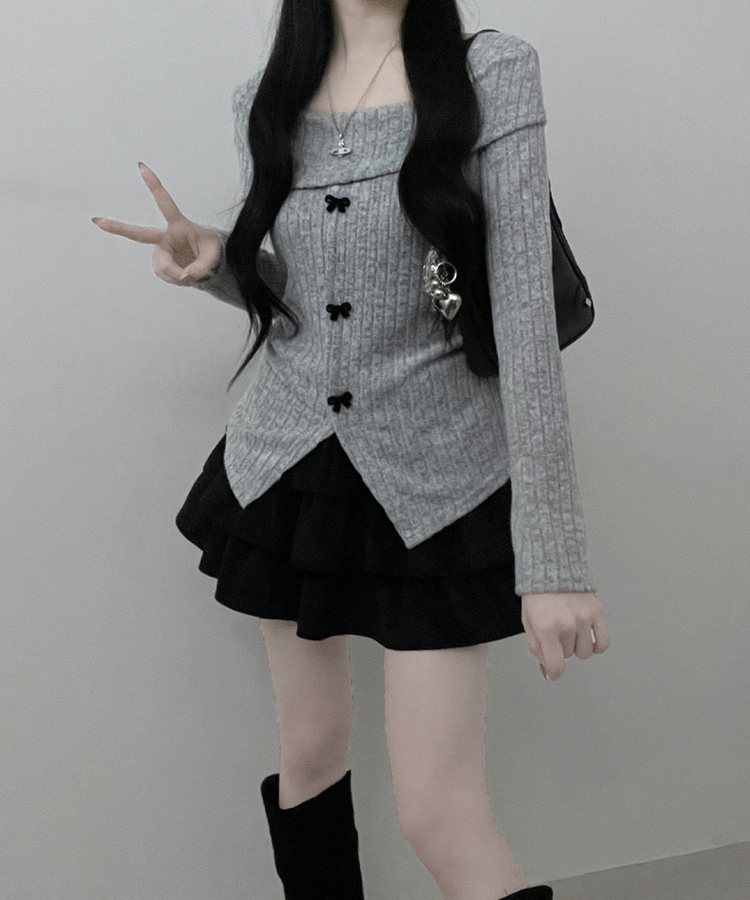 슬로리본골지오프숄더니트긴팔티셔츠