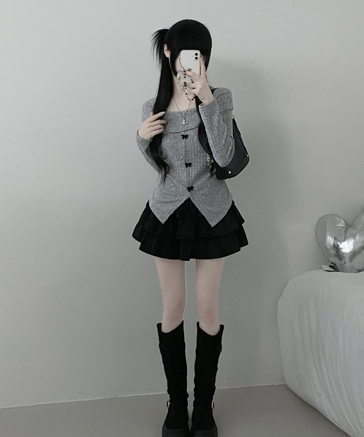 슬로리본골지오프숄더니트긴팔티셔츠