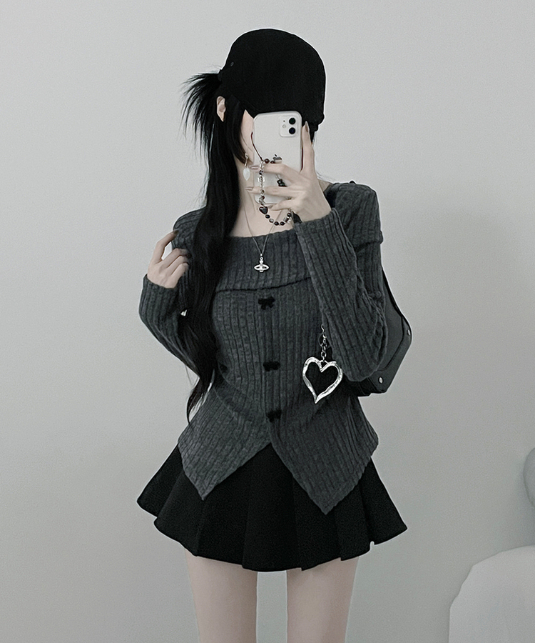 슬로리본골지오프숄더니트긴팔티셔츠