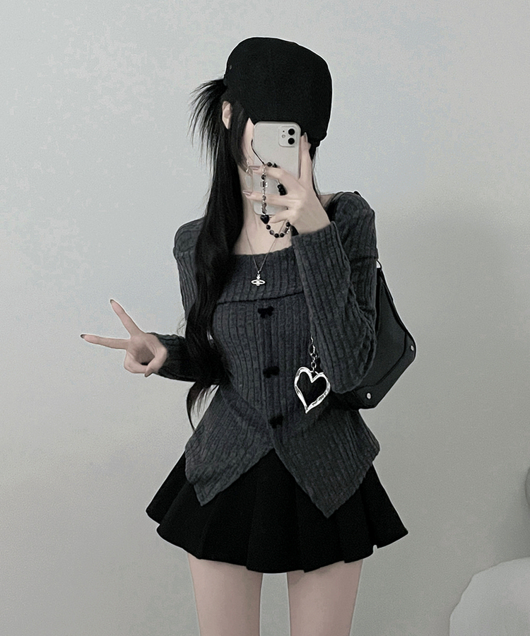 슬로리본골지오프숄더니트긴팔티셔츠