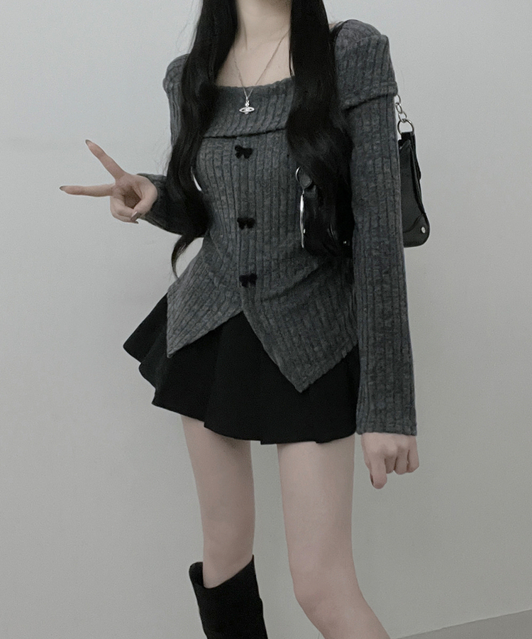 슬로리본골지오프숄더니트긴팔티셔츠