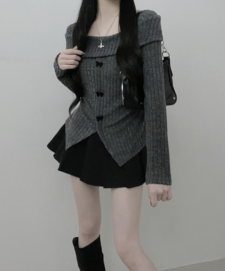 슬로리본골지오프숄더니트긴팔티셔츠